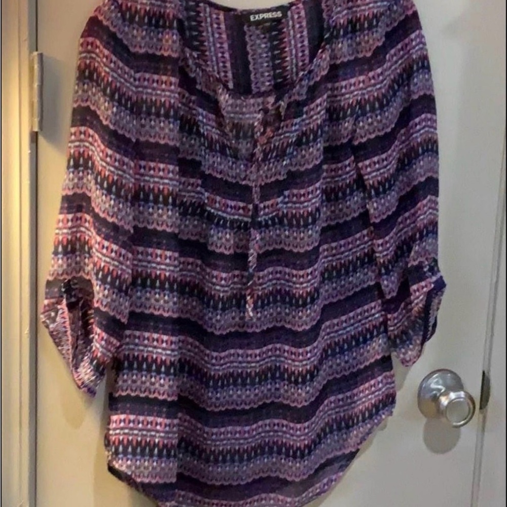 Express Women's S Multicolor Patterned Boho Blouse w/ Button Up Sleeves